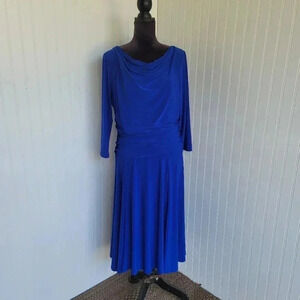 Chaps Long Sleeve Blue Midi Dress Women's Stretch Ruched Hips Waterfall Neck XL